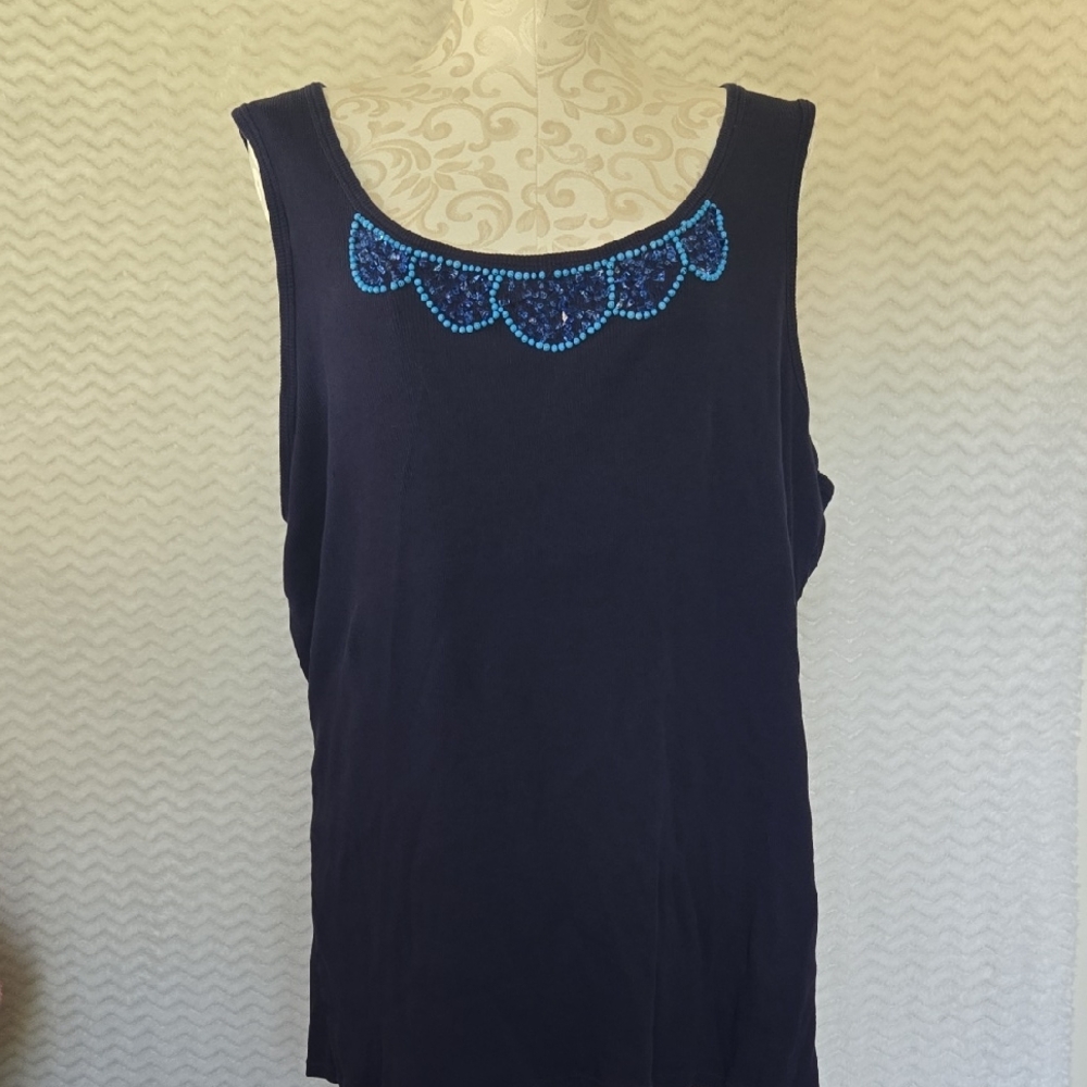 Fashion Bug Plus Size Elegant Blue Sleeveless Top with Beaded Embellishments